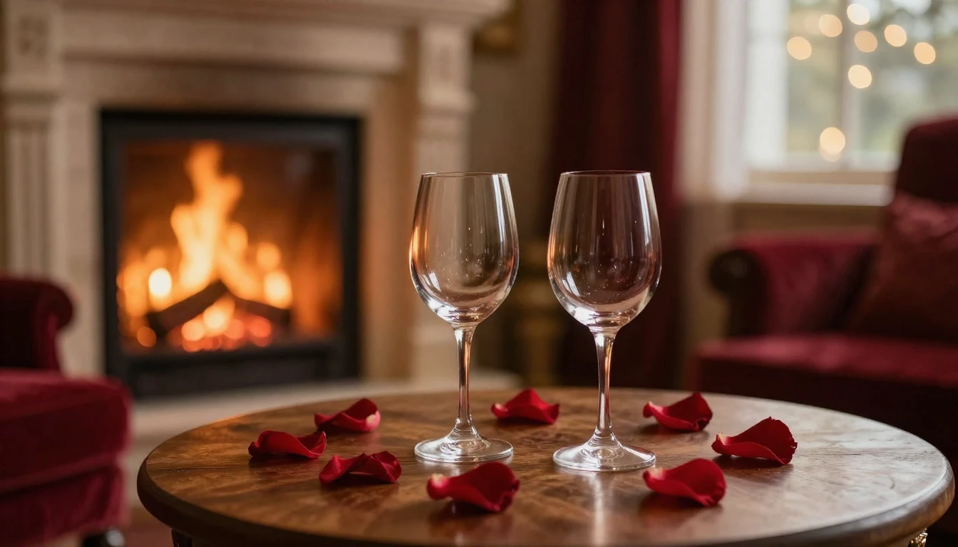 A serene and romantic scene featuring two elegant glasses on...