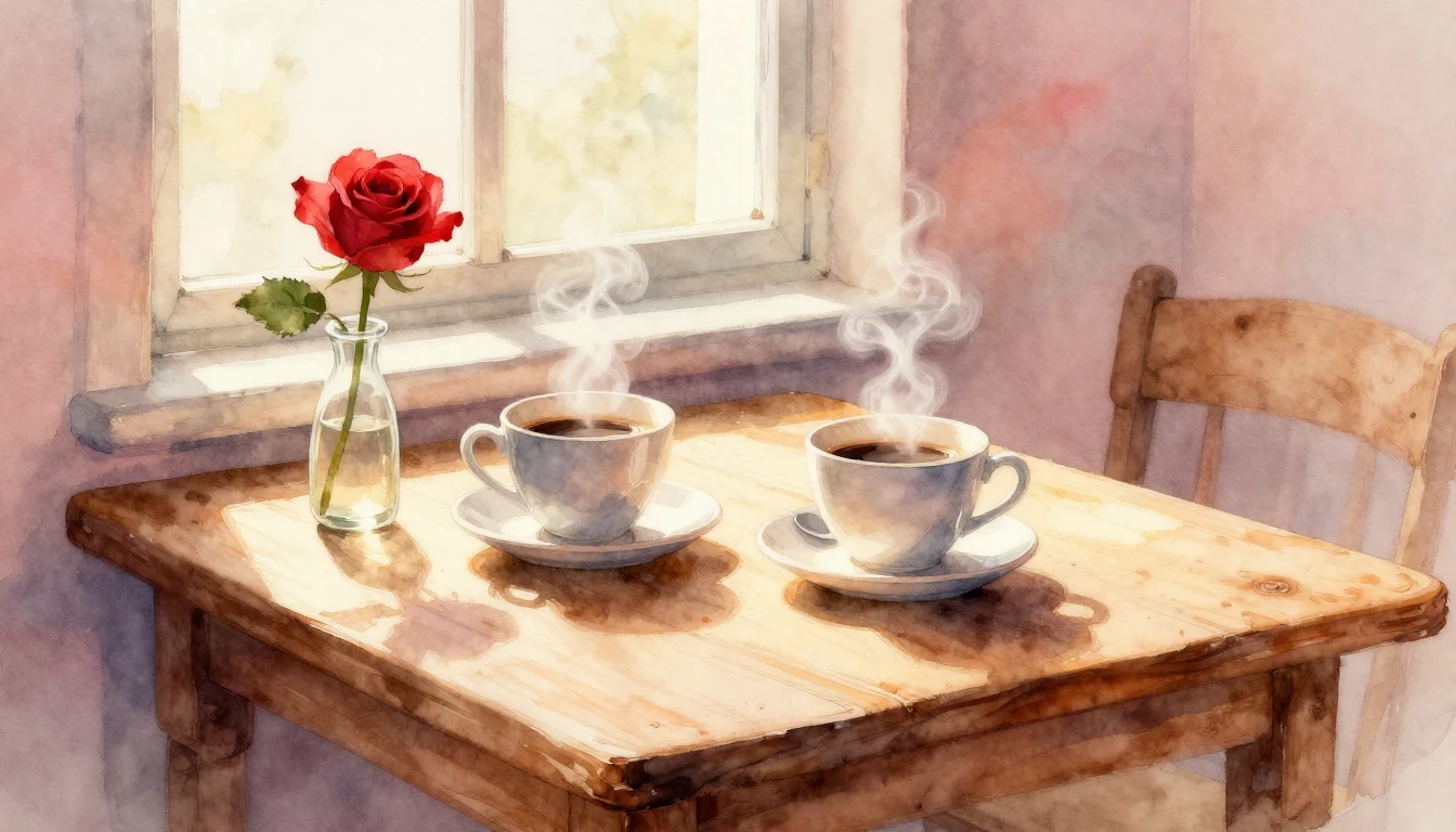 A soft and romantic watercolor painting depicting a cozy Val...