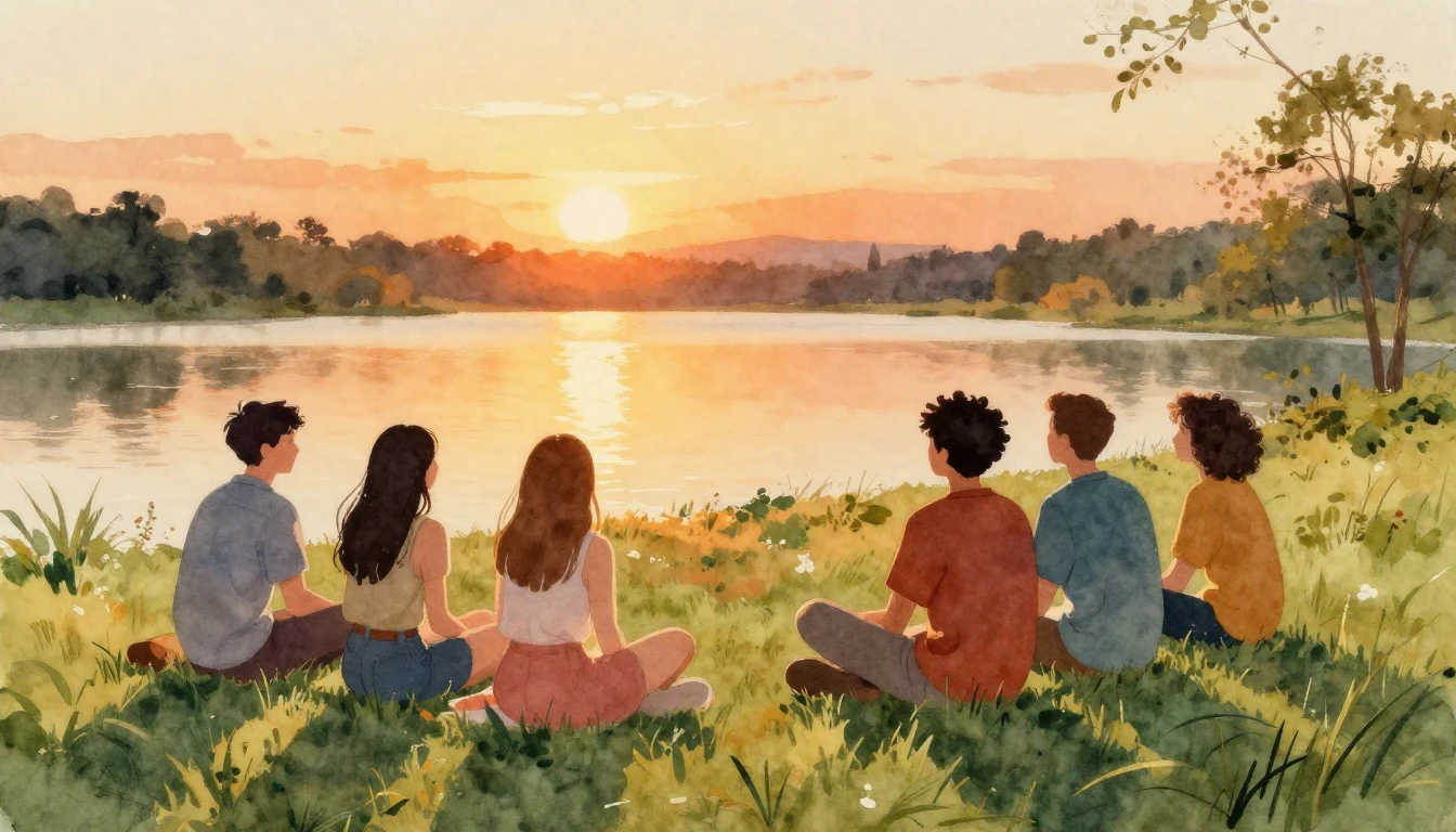 A beautiful watercolor painting depicting a group of diverse...