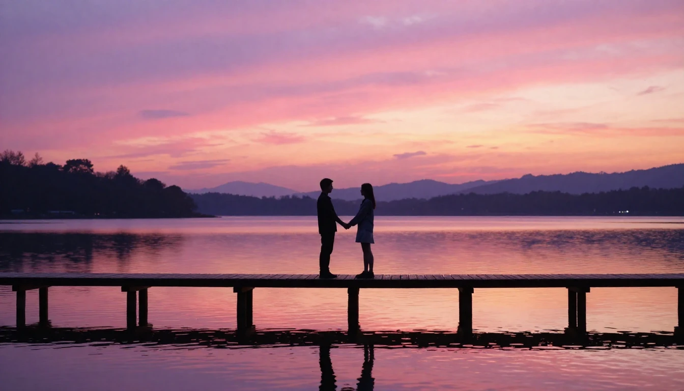 A romantic and dreamy scene featuring a silhouette of a coup...
