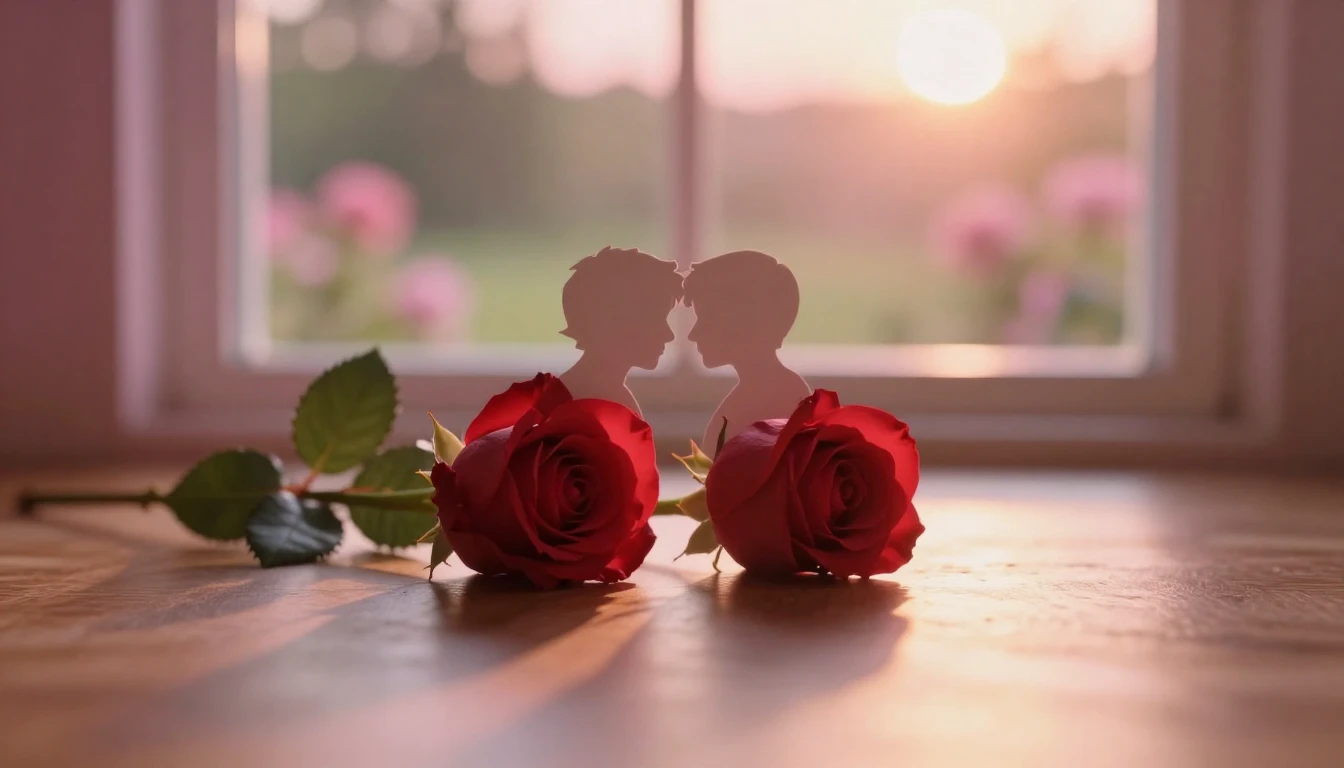 A delicate and ethereal scene featuring two intertwined silh...