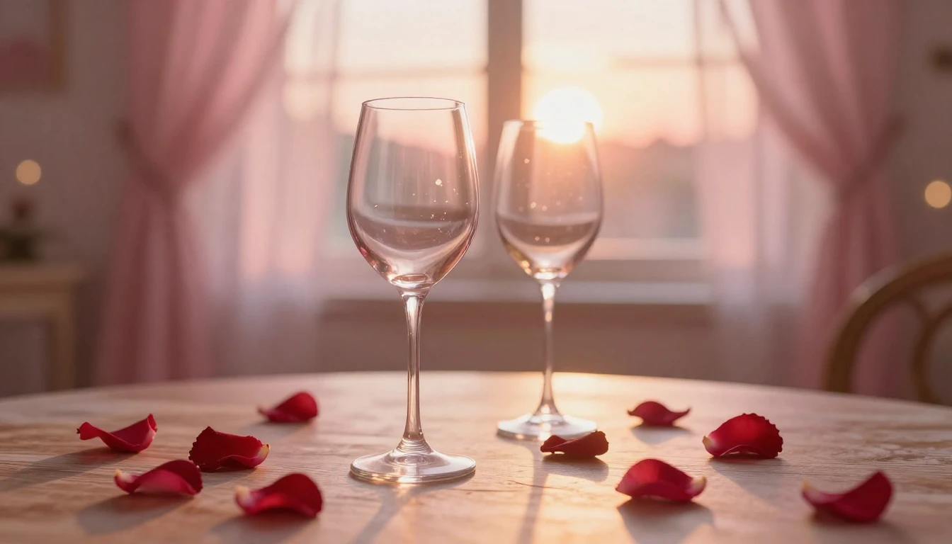 A soft and dreamy scene featuring two elegant wine glasses o...