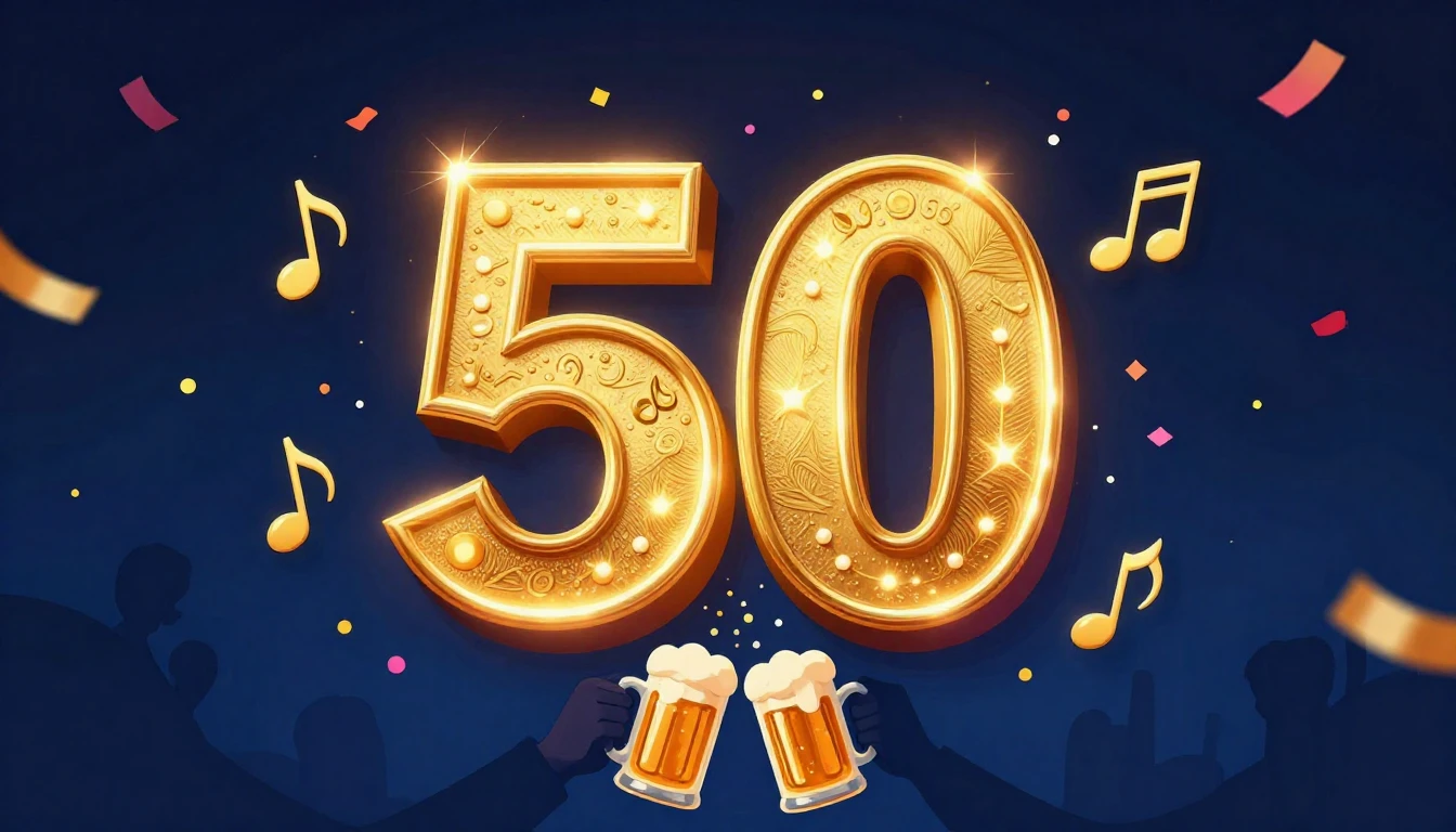 A vibrant digital artwork celebrating a 50th birthday. In th...