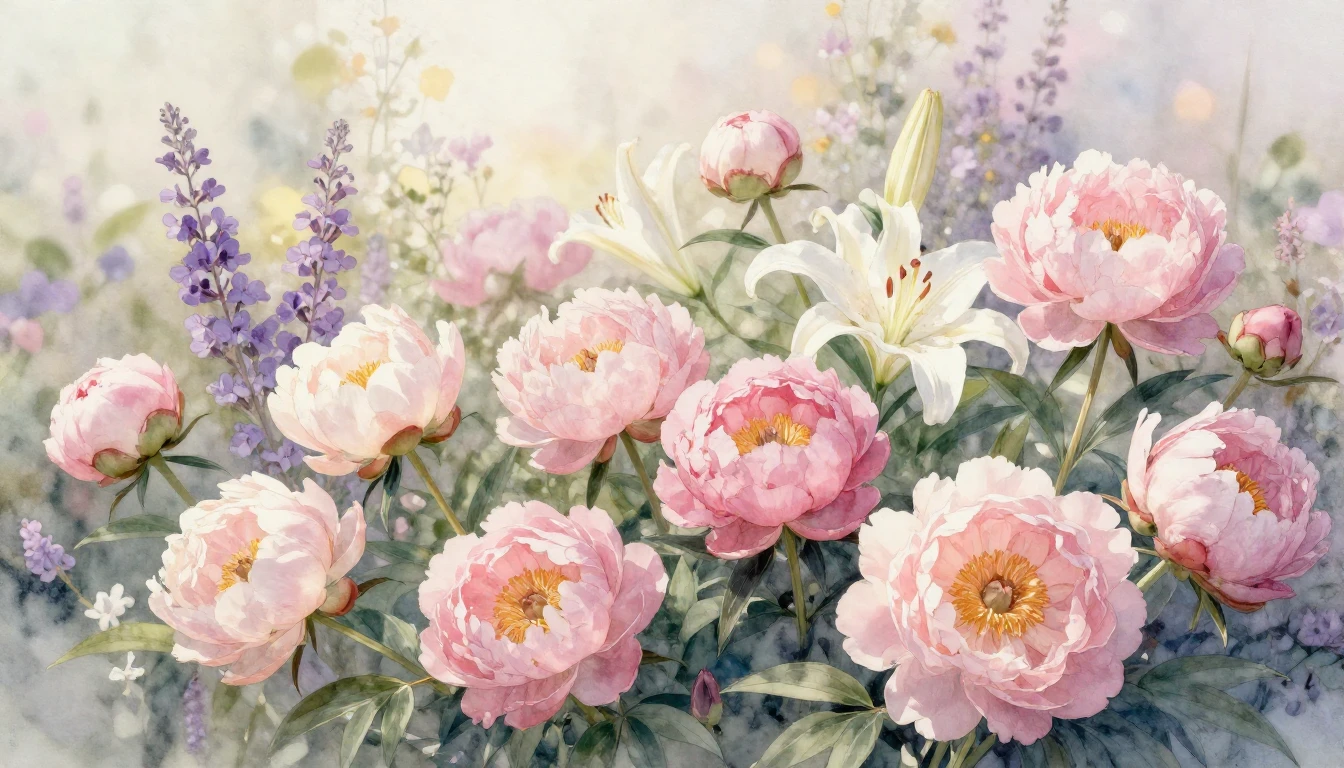 A delicate watercolor painting of a blooming garden filled w...