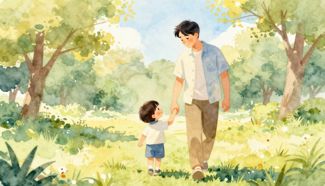 A heartwarming watercolor painting of a father and his young...