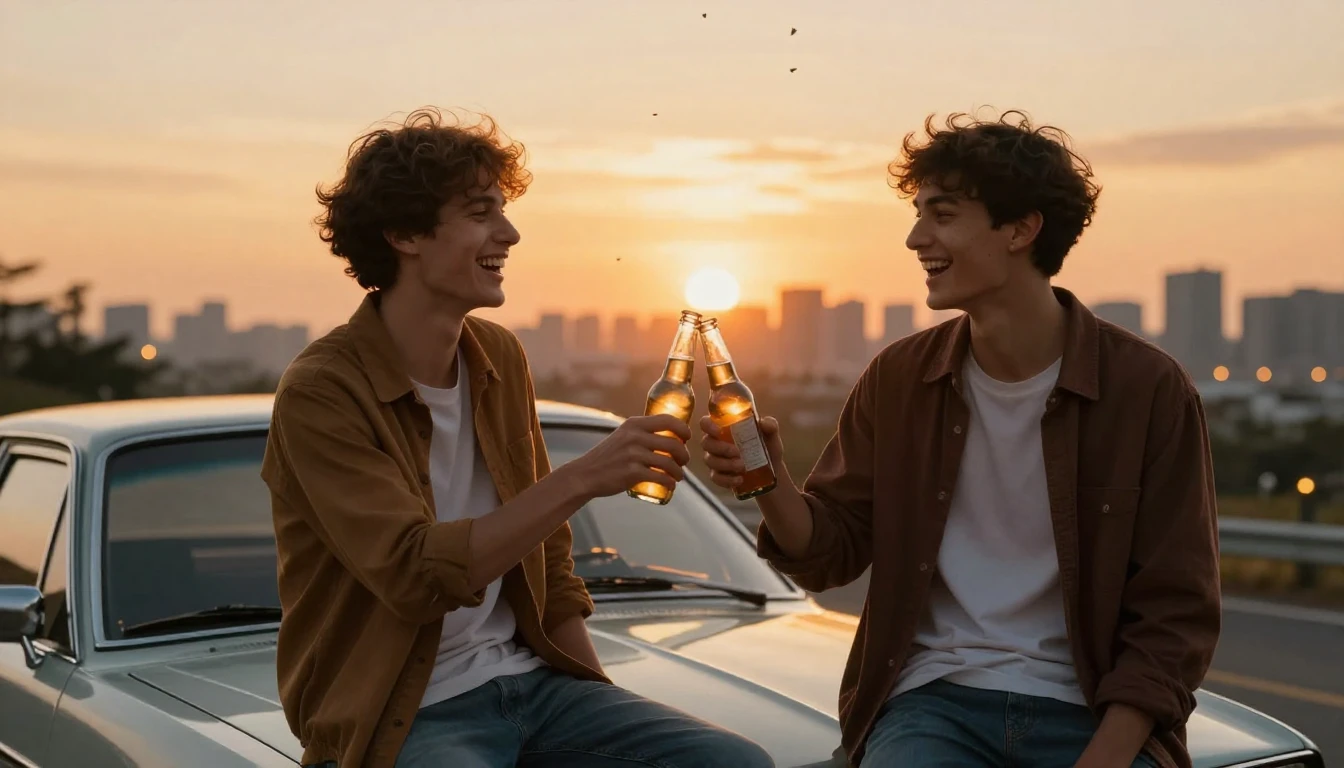 Two best friends, young adult males, sitting side by side on...