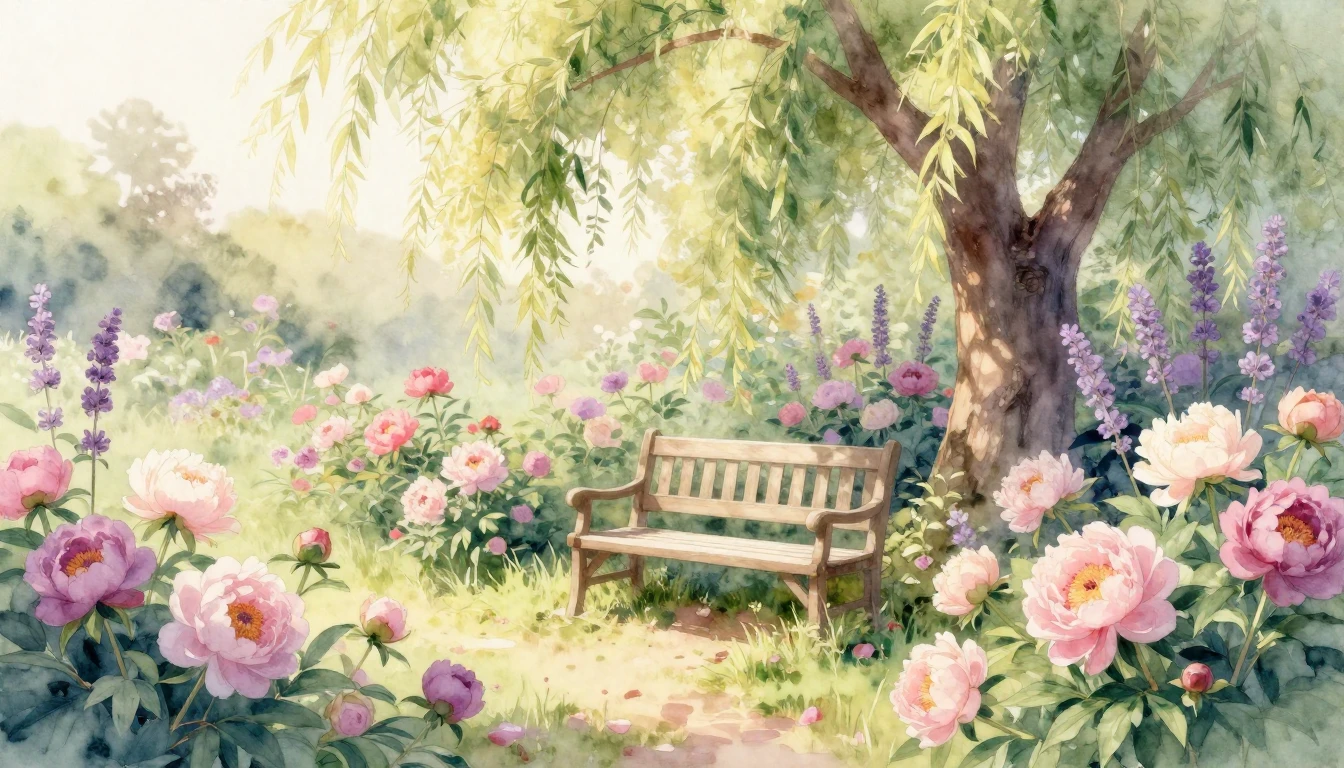 A beautiful watercolor painting of a sun-drenched garden fil...