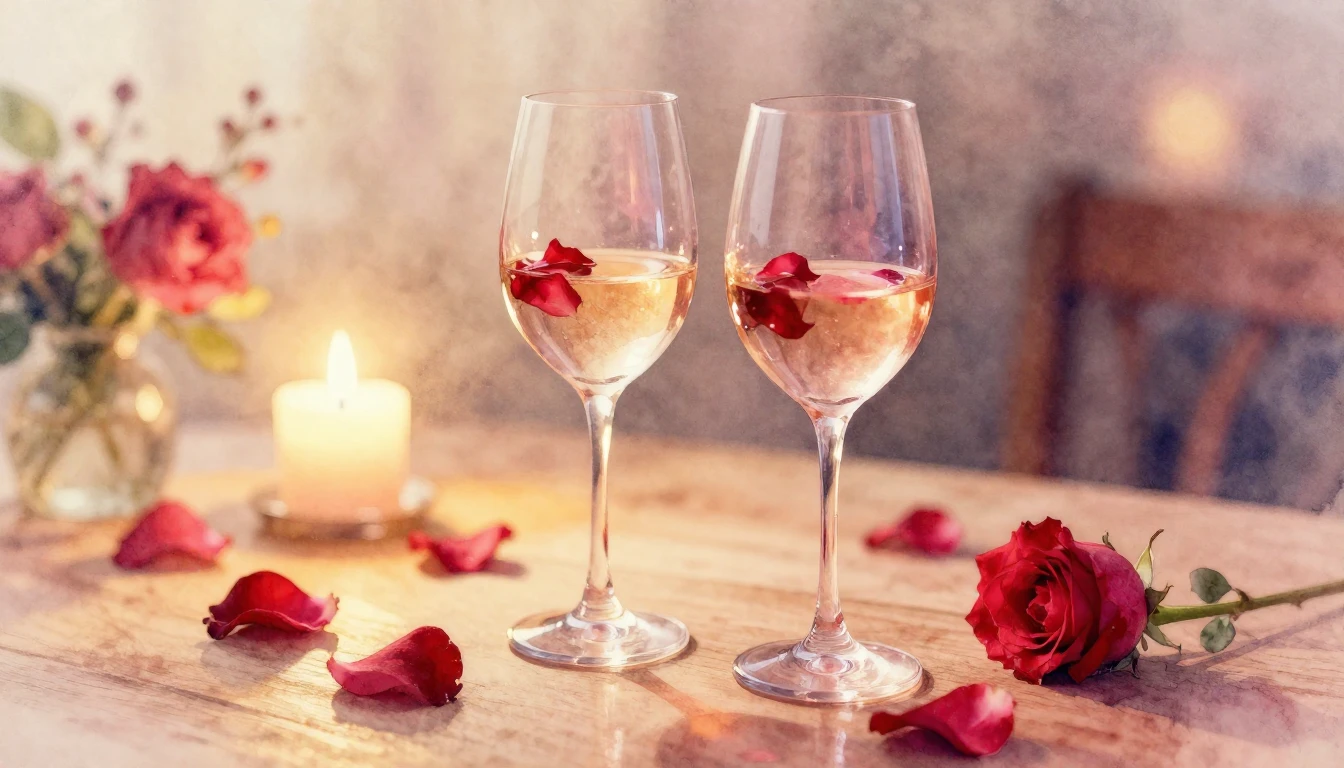 A delicate watercolor painting of two elegant wine glasses s...