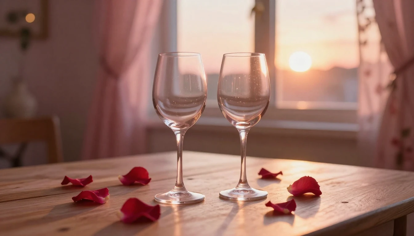 A soft and dreamy scene featuring two elegant wine glasses o...