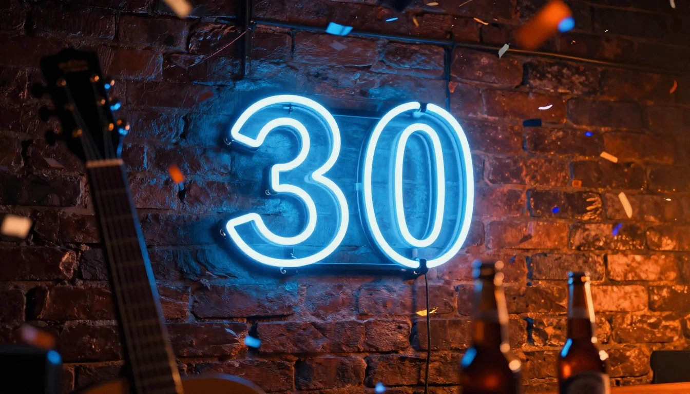 A glowing neon sign displaying the number 30 attached to a d...