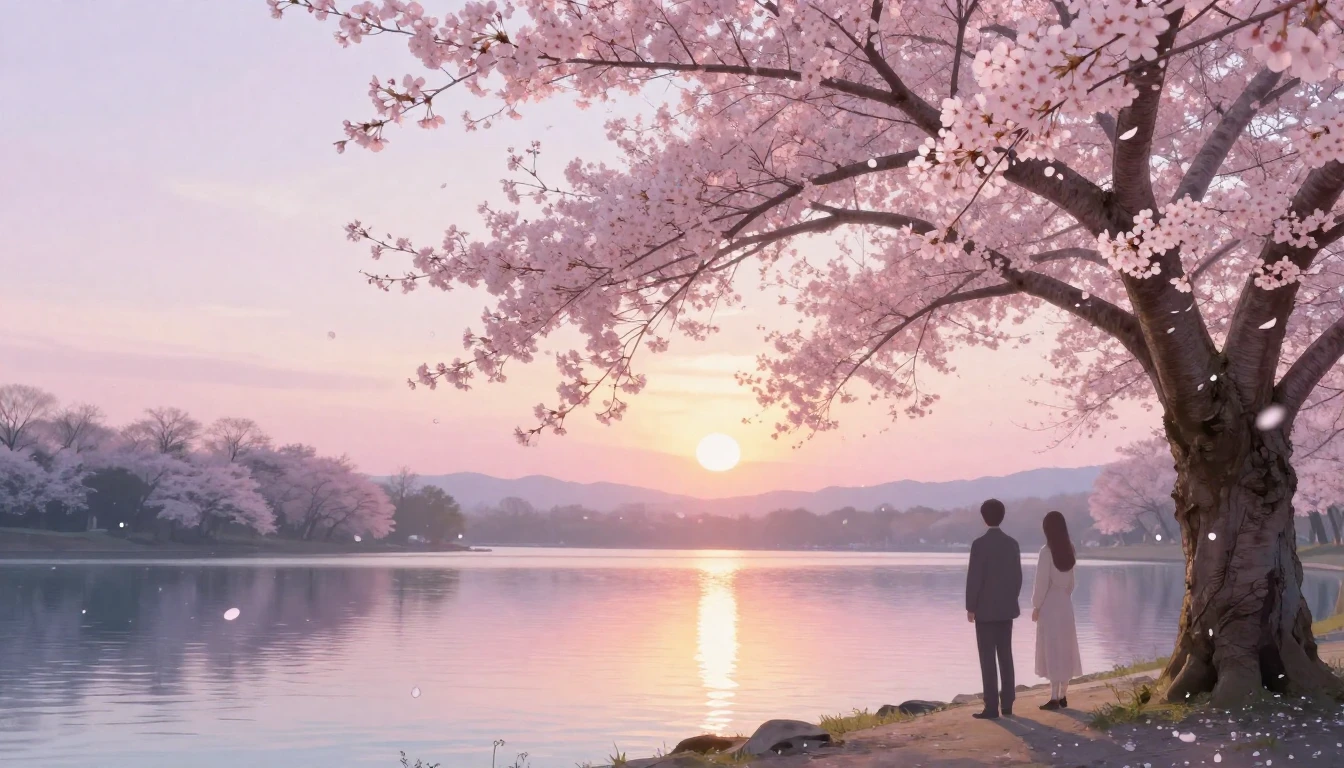 A dreamy and ethereal scene of two silhouettes standing unde...