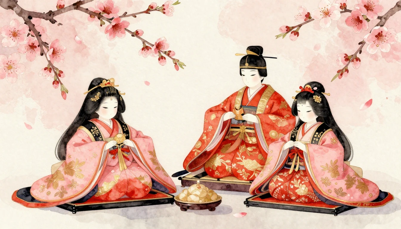 A beautiful watercolor illustration of traditional Hina doll...