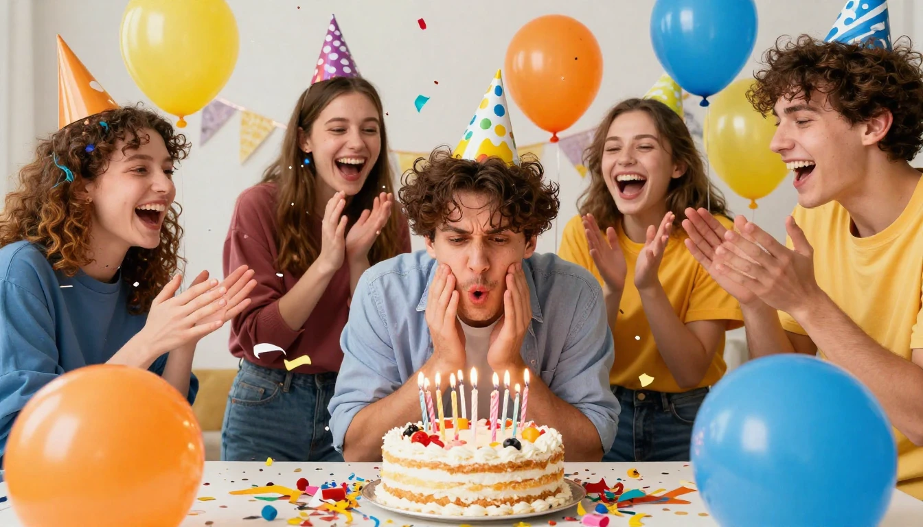 A vibrant and funny birthday party scene featuring a group o...