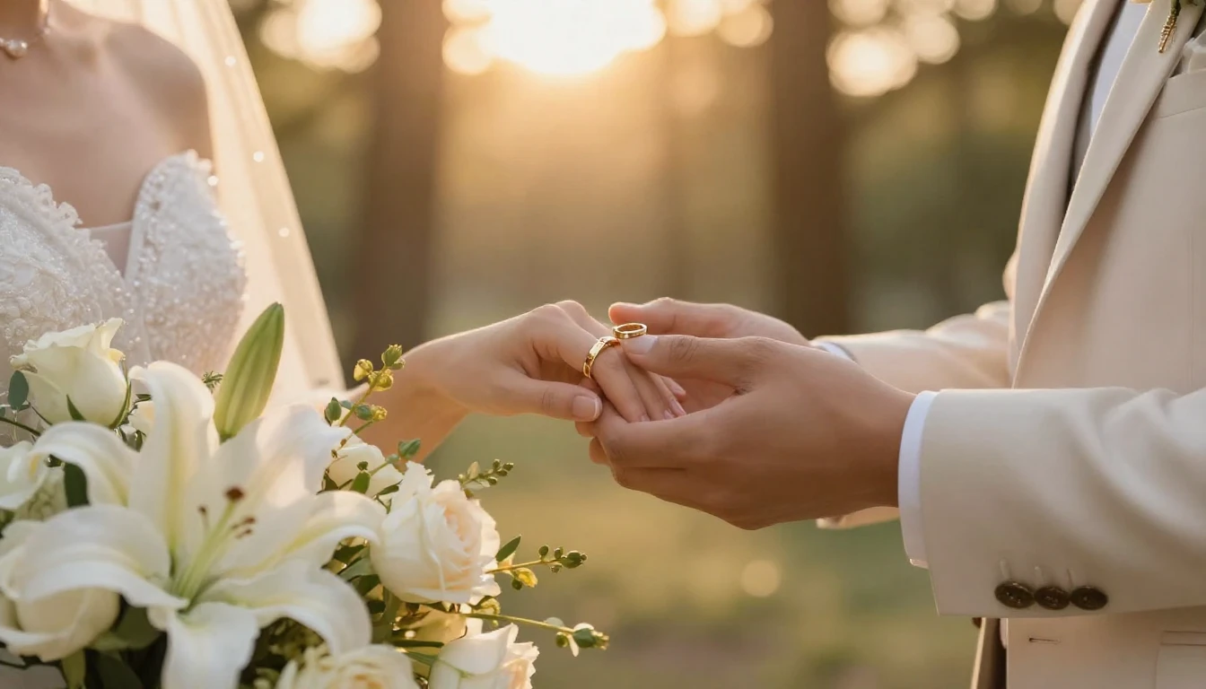 Close-up of a bride and groom holding hands, showcasing gold...