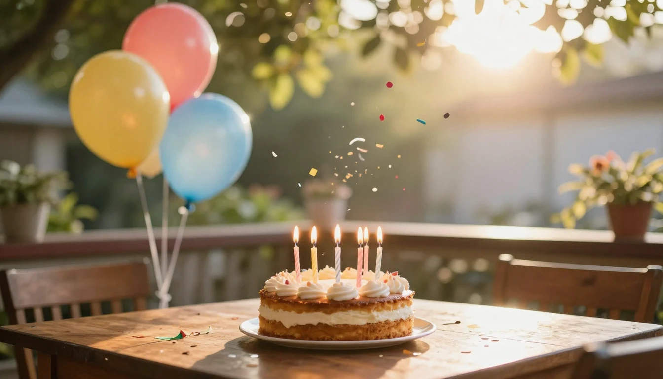 A warm and inviting birthday party scene on a sunny afternoo...
