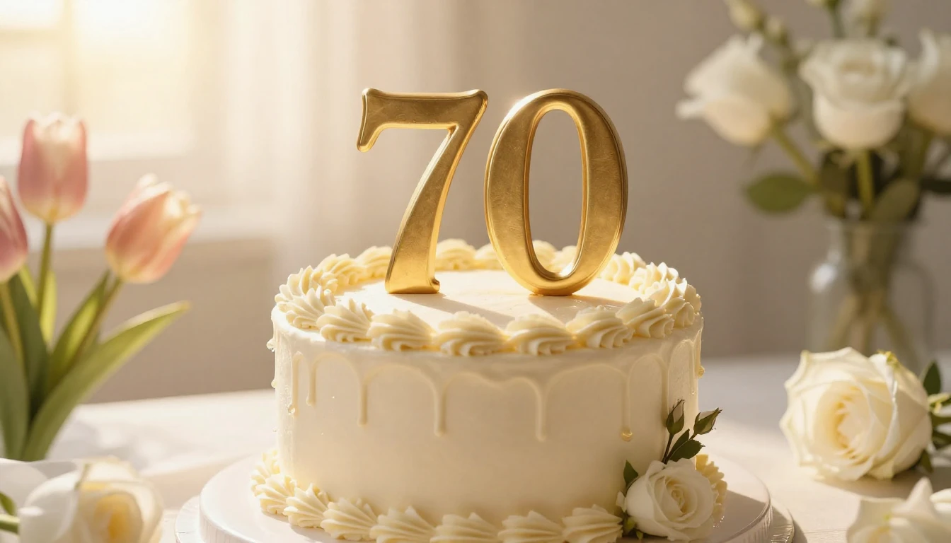A beautifully decorated birthday cake with the golden number...