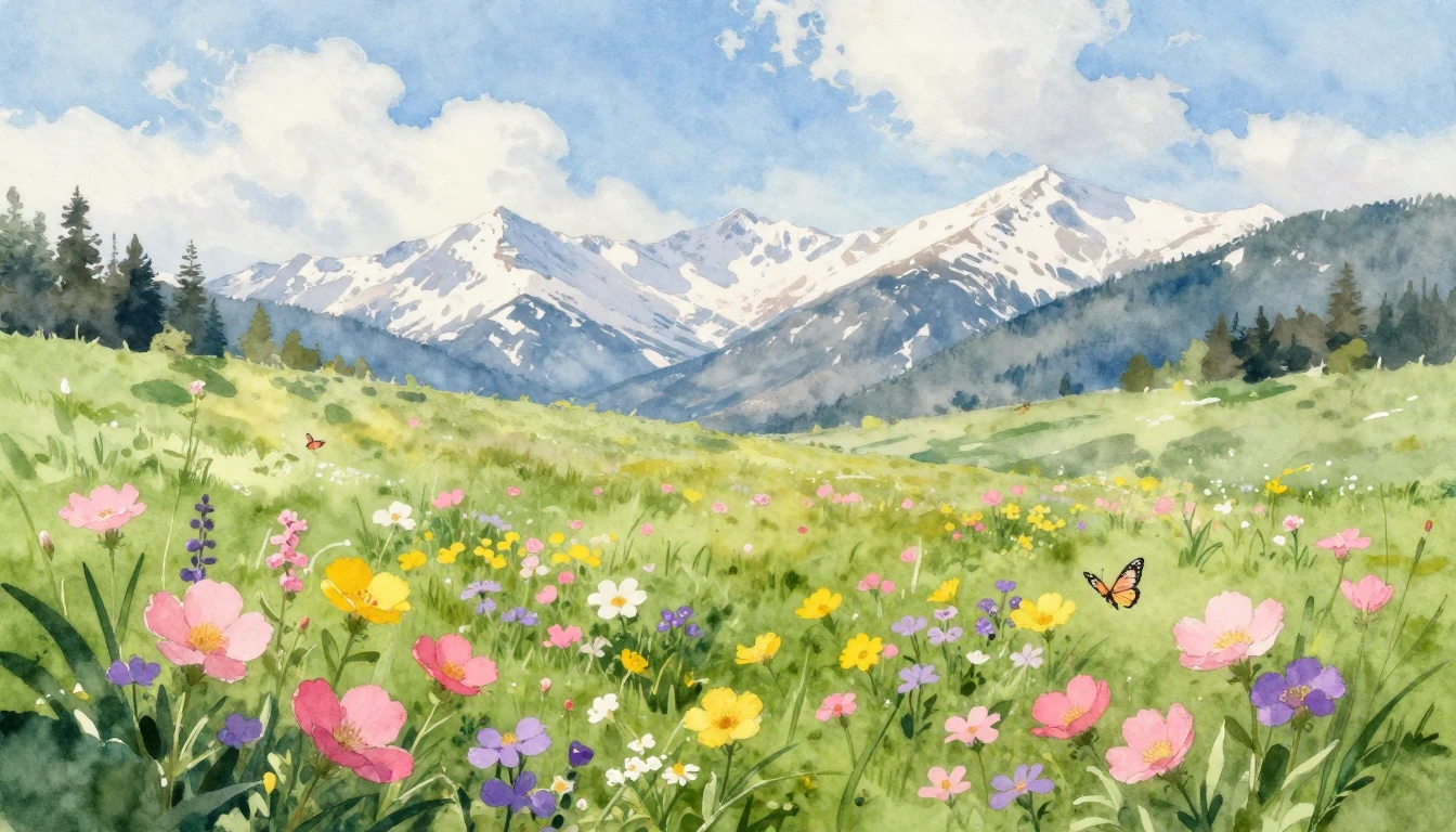 A vibrant watercolor painting of a lush green meadow filled ...