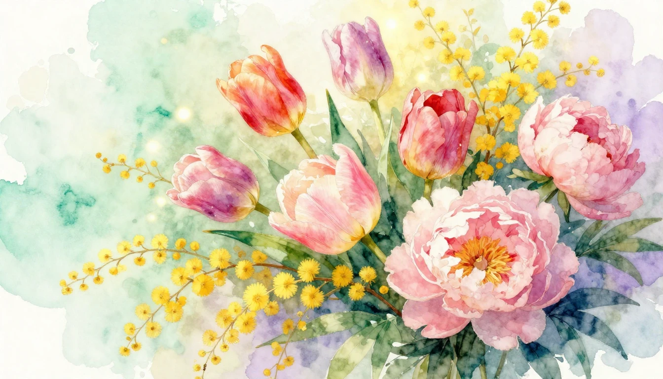 A vibrant and delicate watercolor painting of a lush spring ...