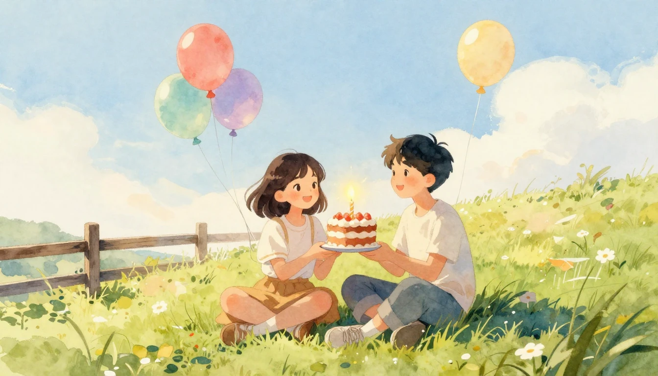 A warm watercolor painting of two friends sitting on a grass...