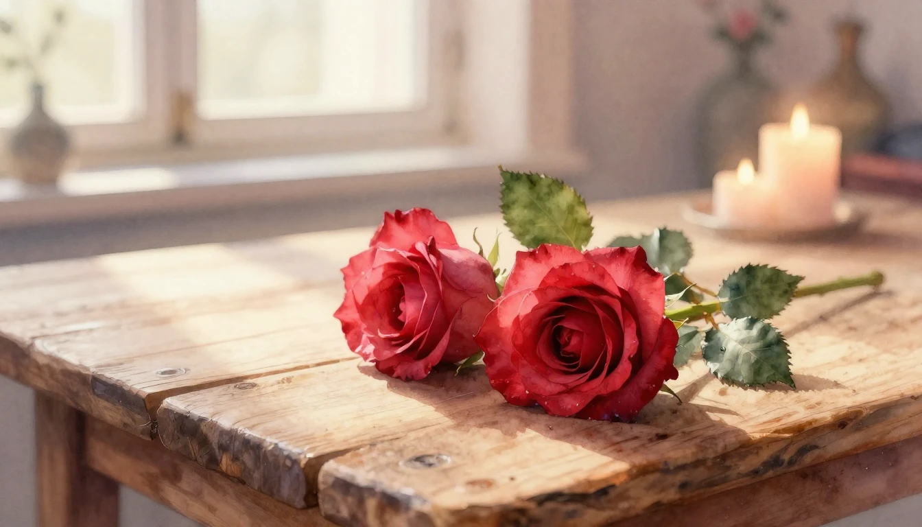 A beautiful watercolor painting of two delicate red roses in...