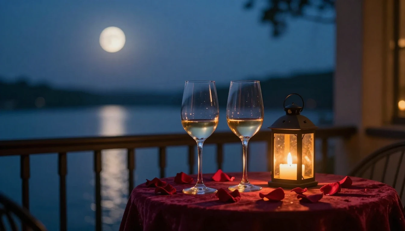 A breathtaking cinematic scene of a quiet, candlelit balcony...