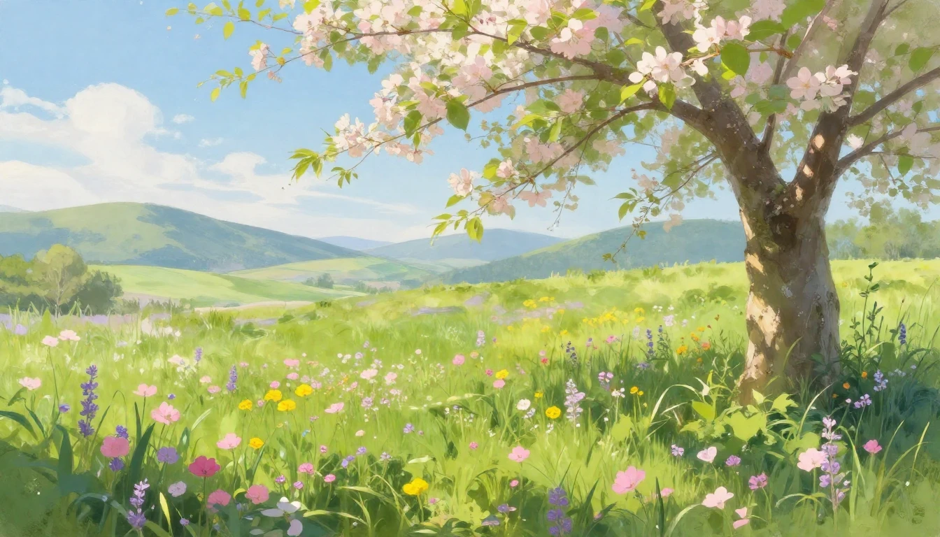 A vibrant spring landscape featuring a lush green meadow fil...
