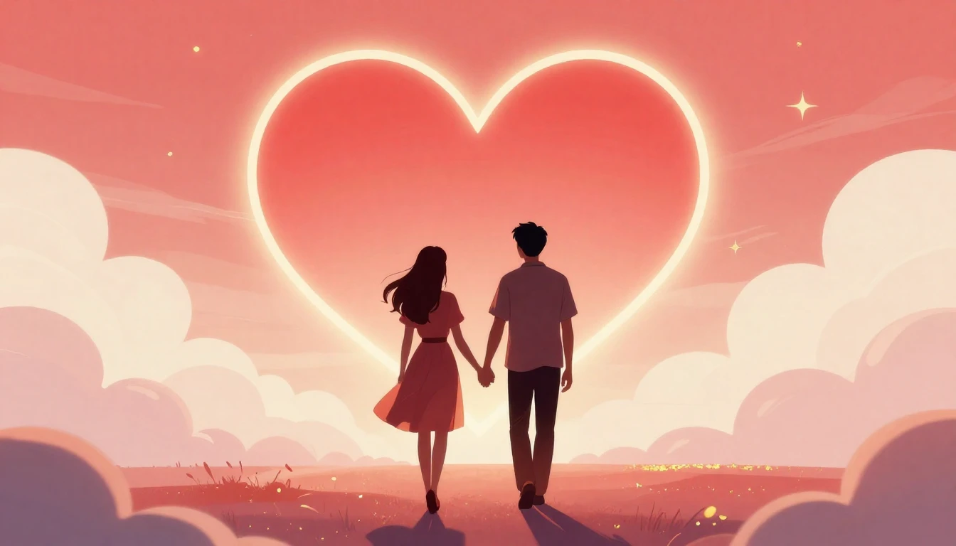 A romantic and dreamy illustration of two silhouettes holdin...