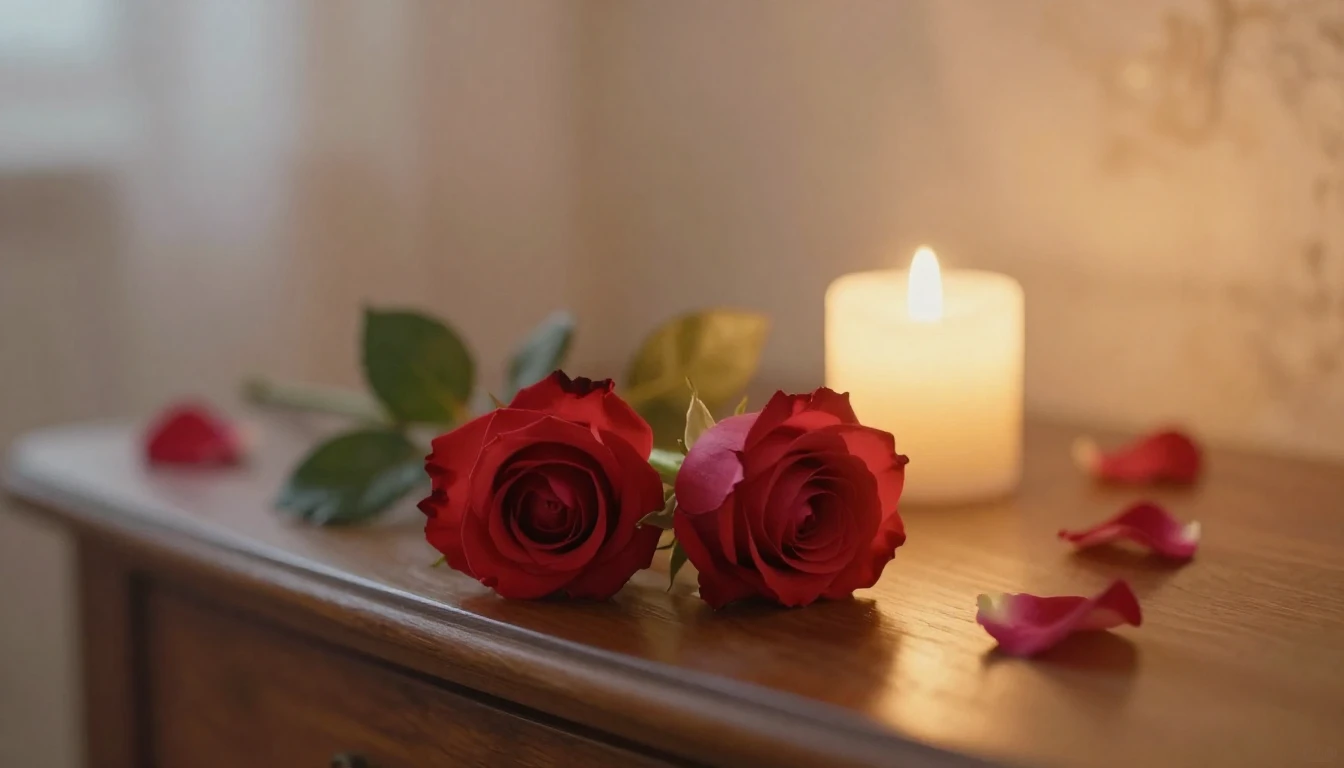 A delicate and ethereal scene featuring two intertwined red ...