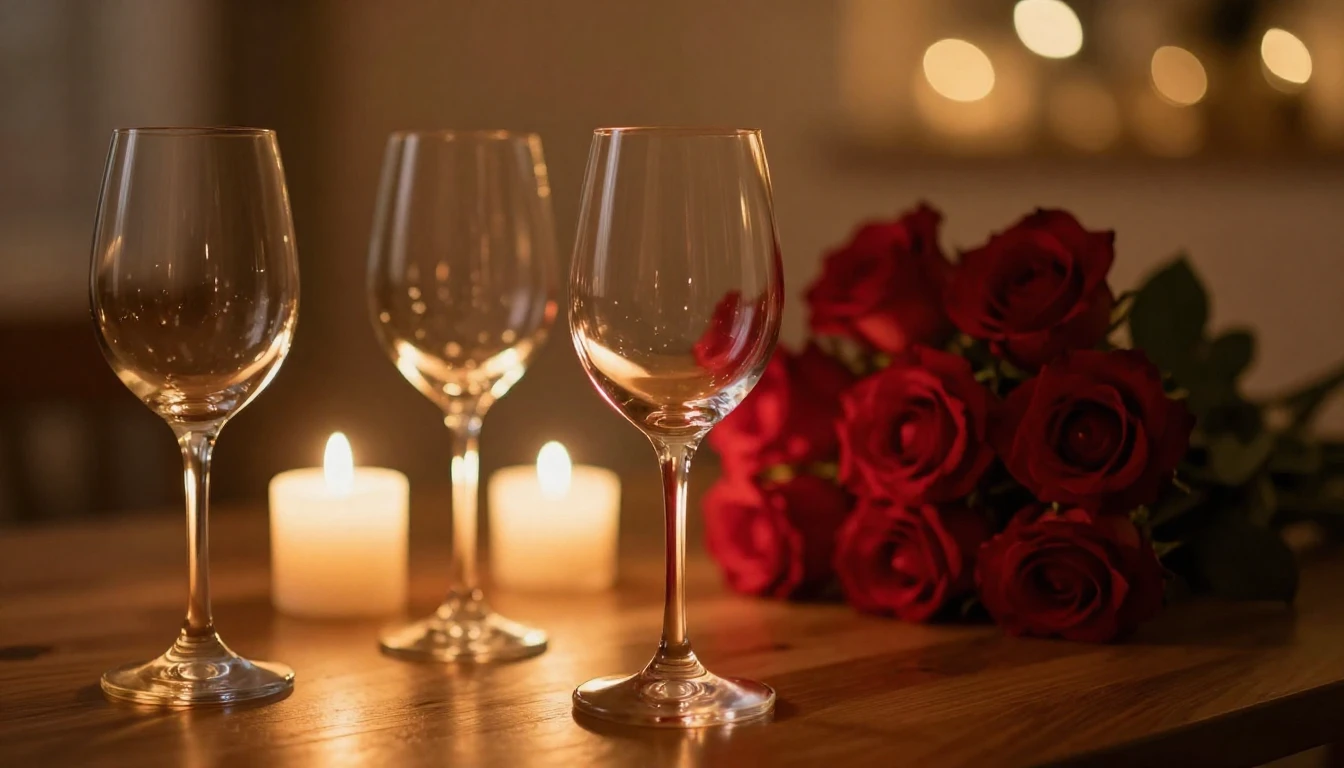 A close-up shot of two elegant wine glasses on a wooden tabl...