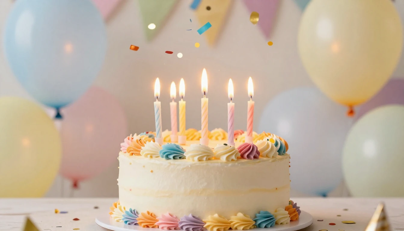 A bright and festive birthday celebration scene, a delicious...