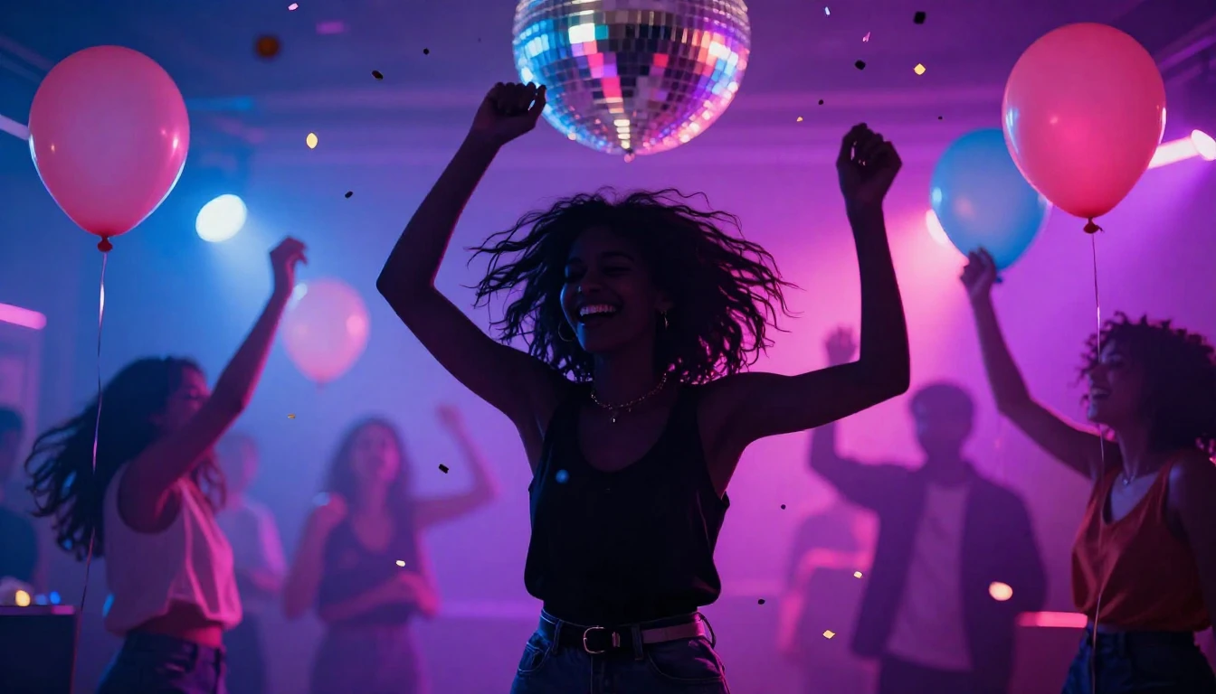 A vibrant and energetic party scene celebrating a birthday, ...