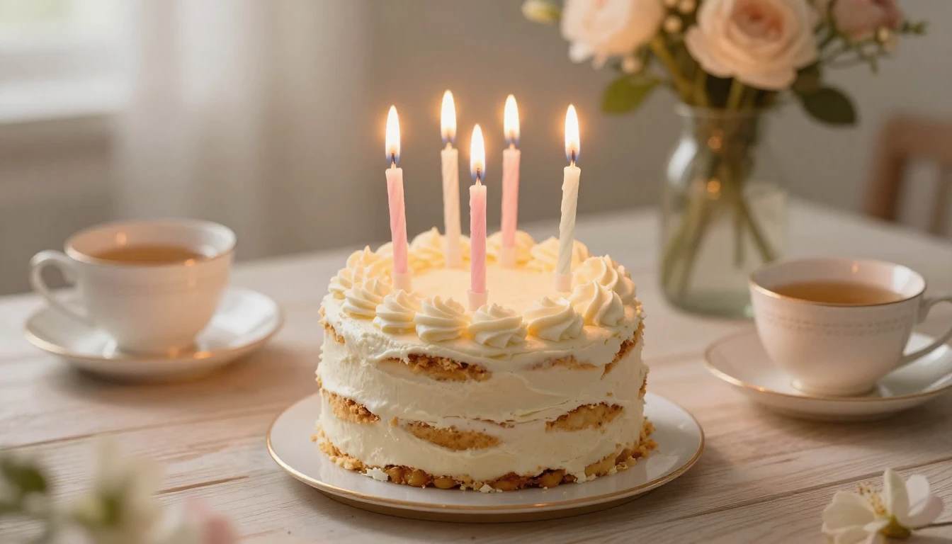 A heartwarming close-up scene of a small rustic birthday cak...