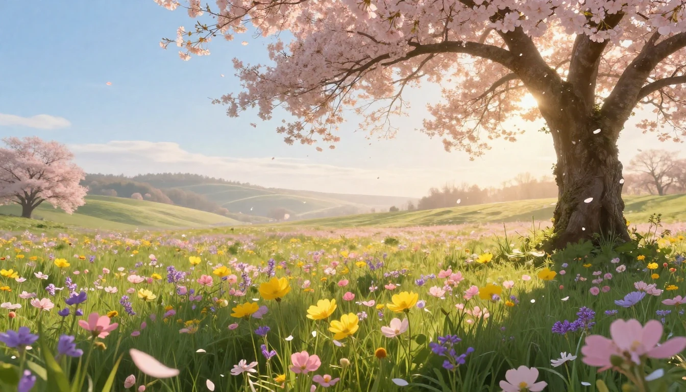 A lush, vibrant meadow at dawn, overflowing with blooming wi...