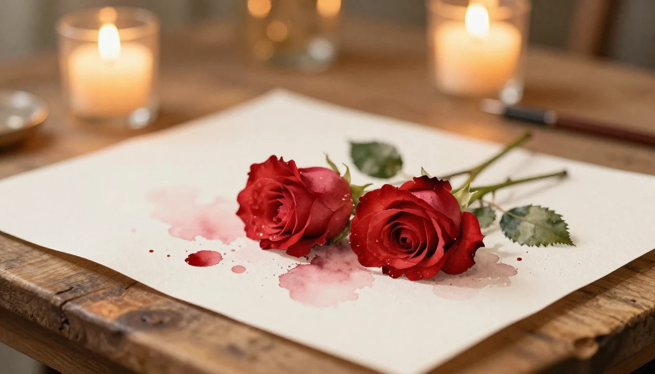 A soft watercolor painting of two delicate red roses intertw...