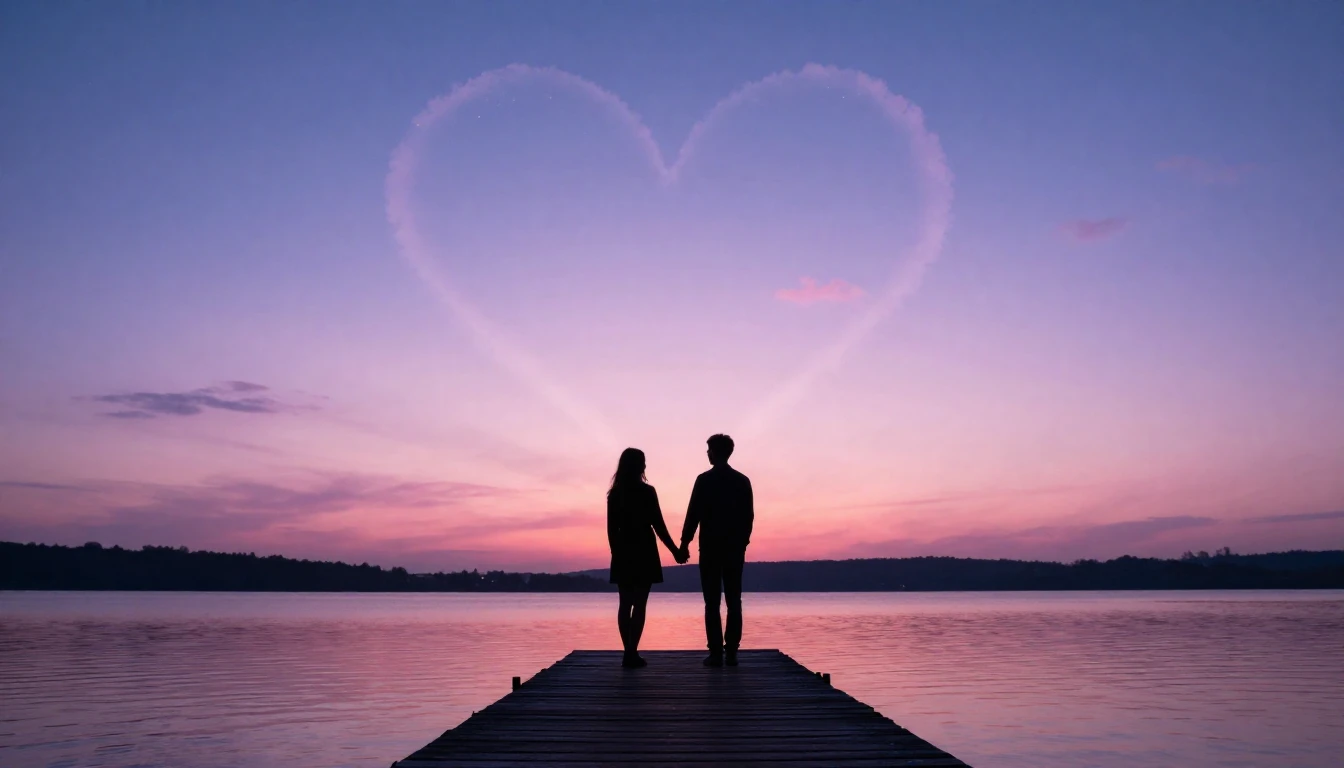 A romantic and ethereal scene depicting two silhouette figur...