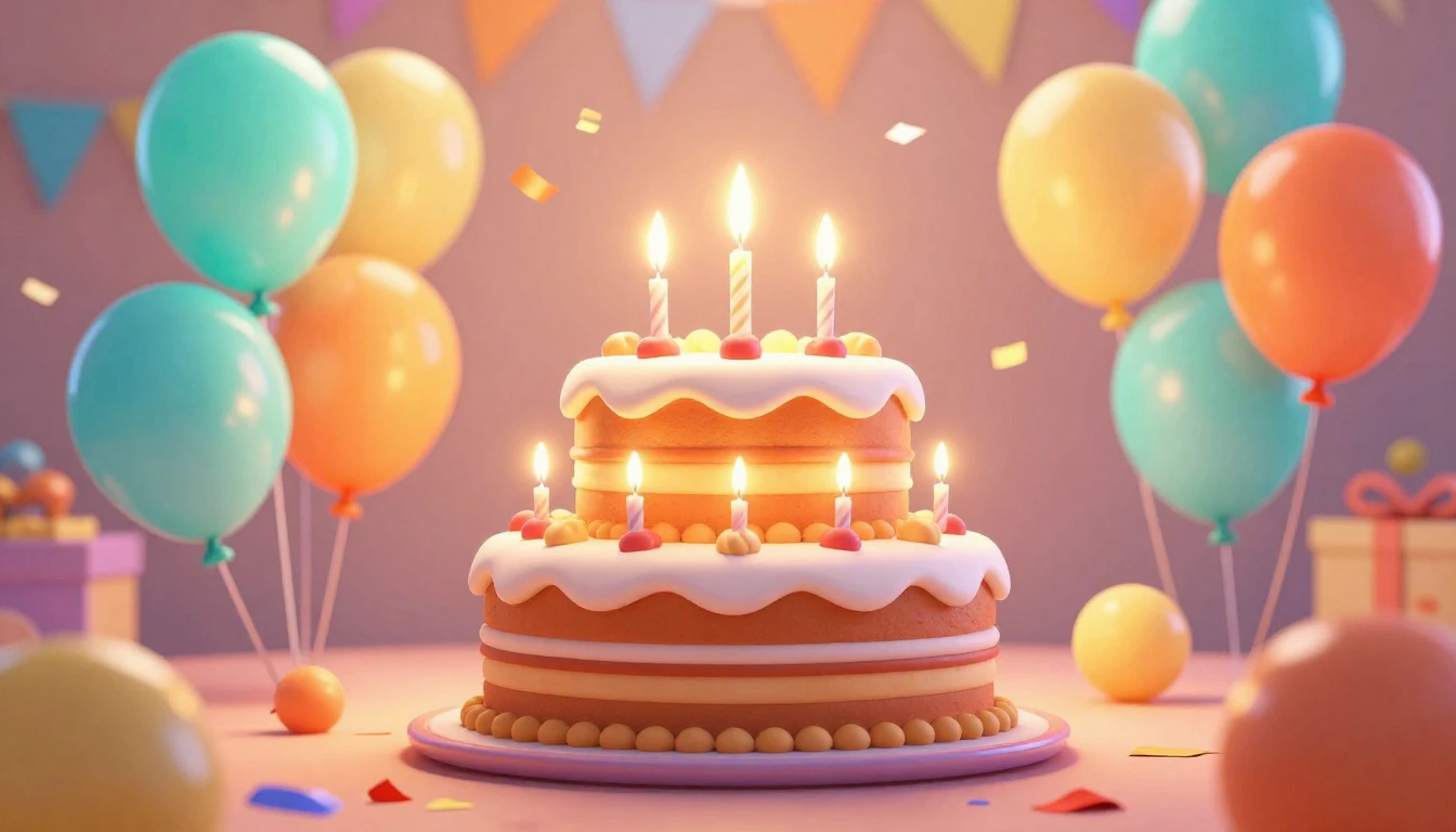 A vibrant and cheerful birthday celebration scene in a 3D an...