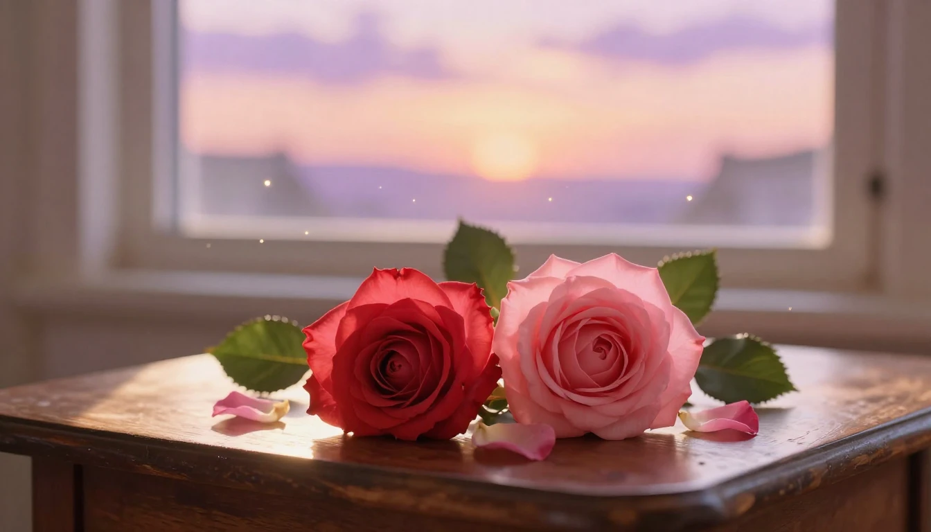 A delicate scene featuring two intertwined red and pink rose...