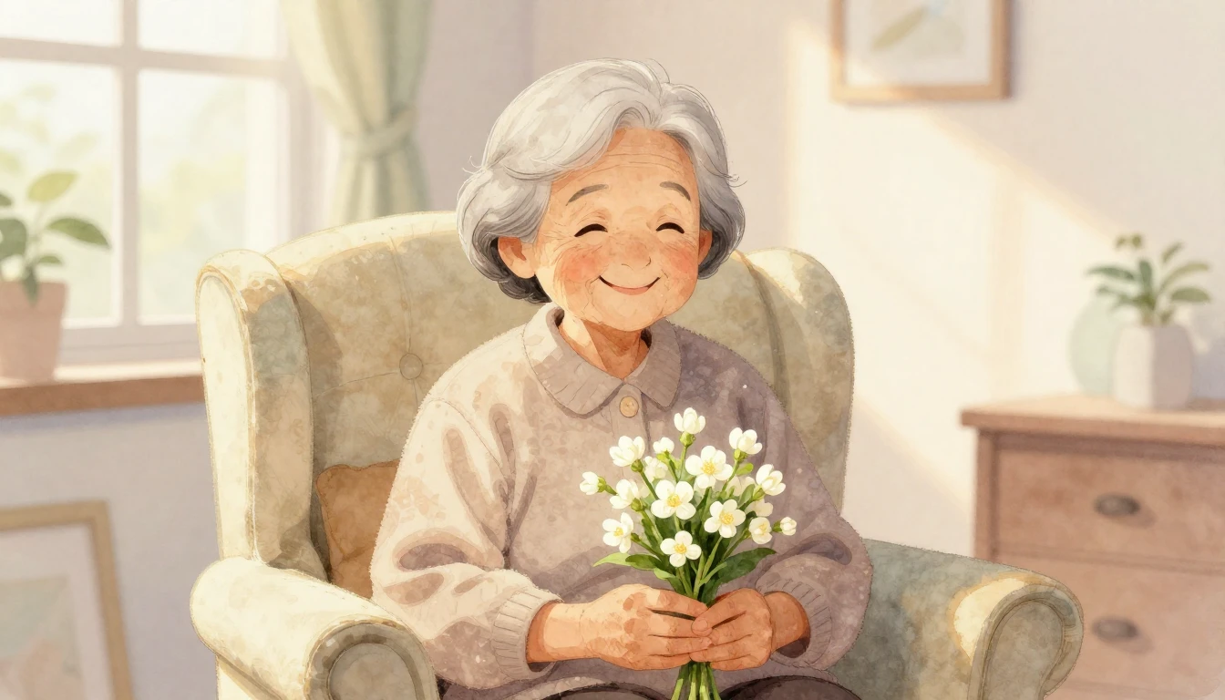 A heartwarming watercolor painting of a kind elderly Asian g...