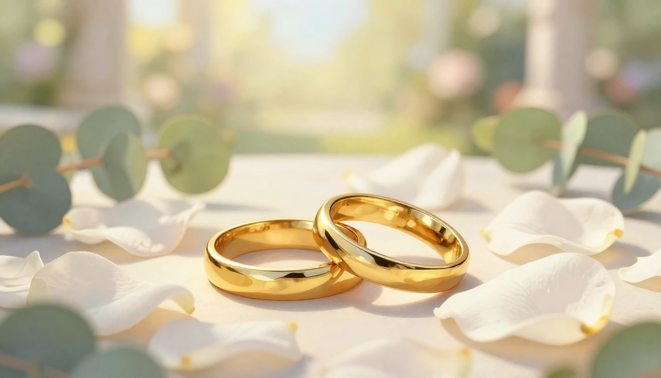 Close-up illustration of two golden wedding rings interlocke...