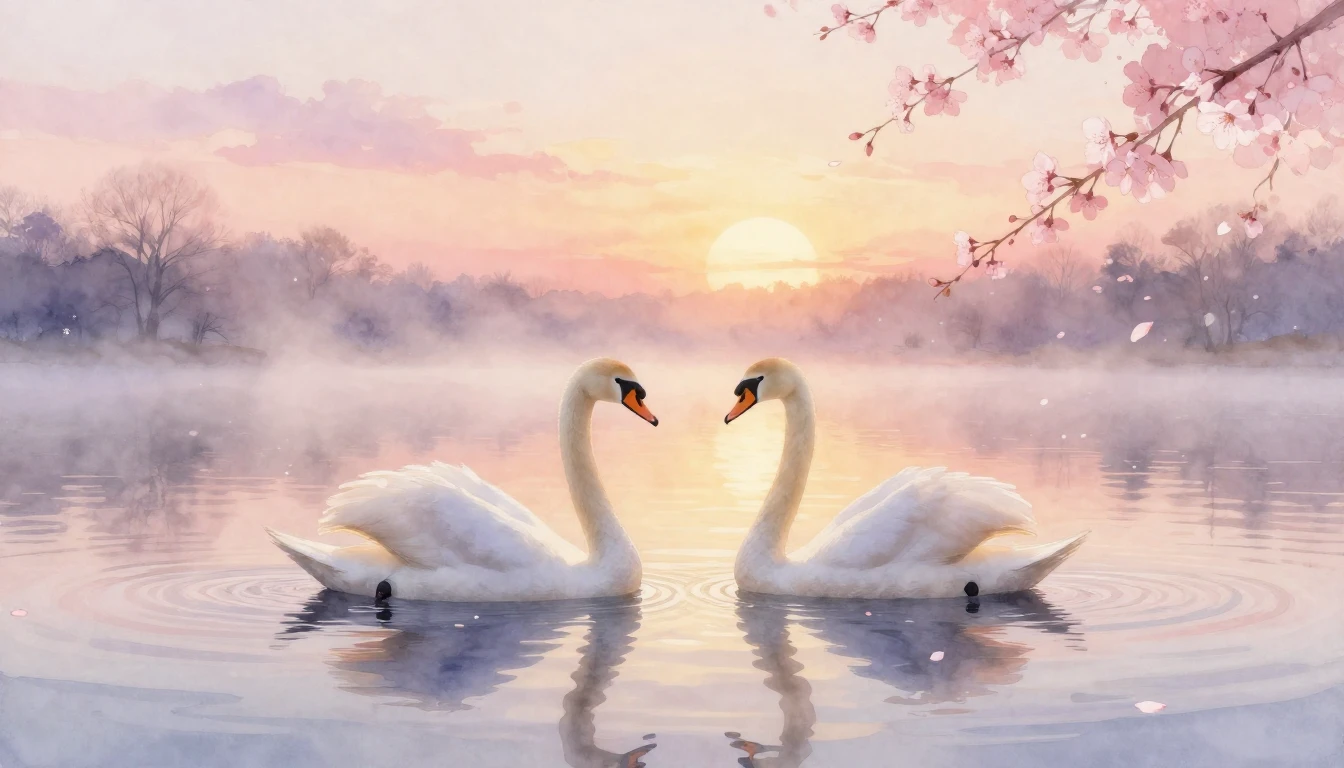 A dreamy watercolor painting of two elegant swans gliding on...
