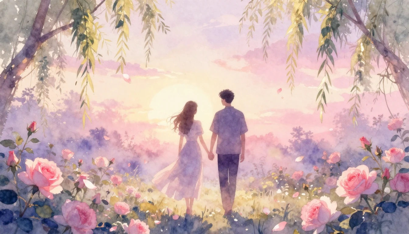 A delicate watercolor painting of two silhouettes walking ha...