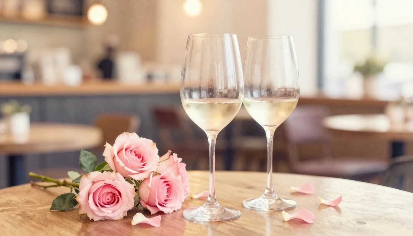 A dreamy watercolor painting of two elegant wine glasses sit...