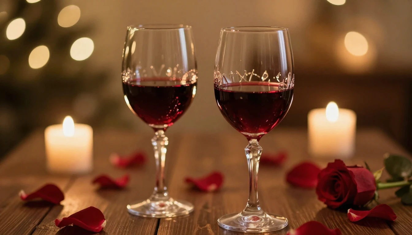 A romantic close-up scene of a candlelit dinner setting, two...