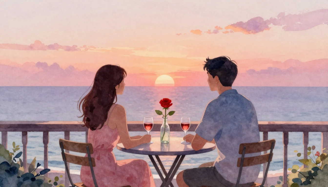 A romantic watercolor painting of a couple sitting at a smal...