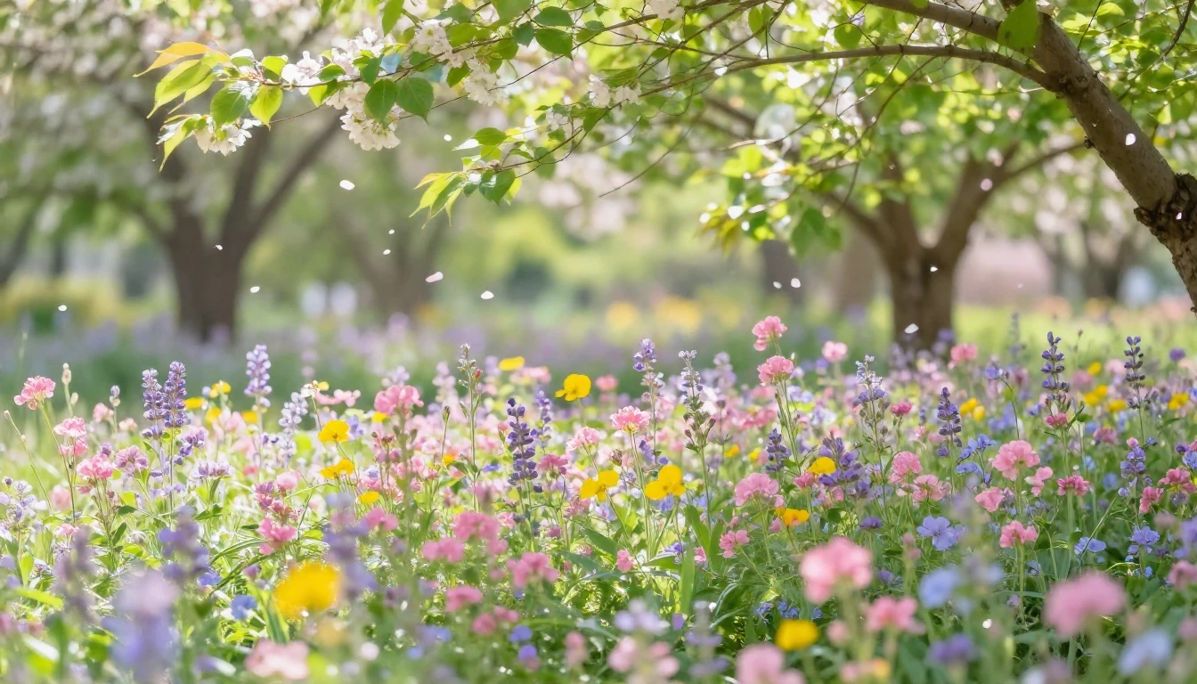 A lush meadow filled with blooming wildflowers in shades of ...