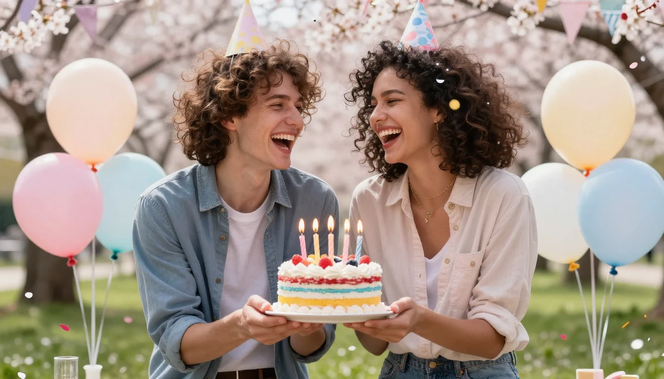 Two close friends laughing together at an outdoor birthday p...