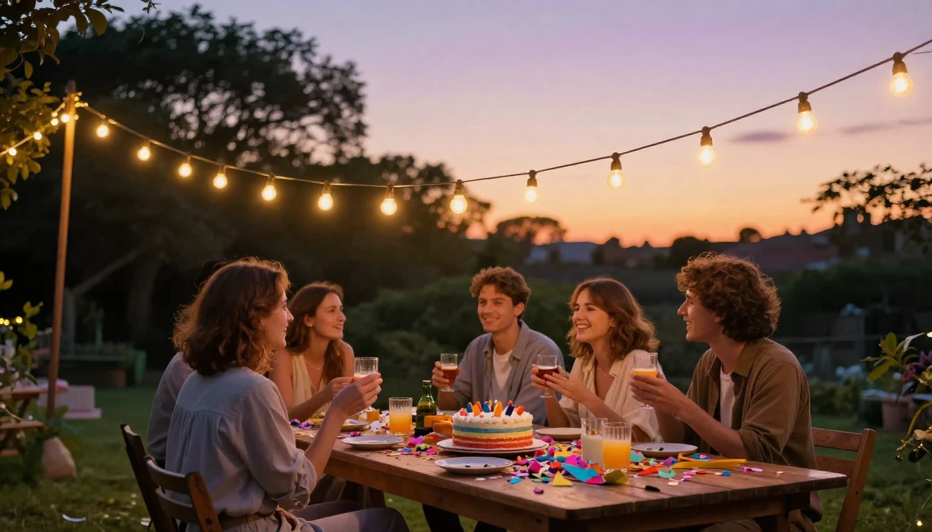A vibrant and warm scene depicting a festive outdoor garden ...