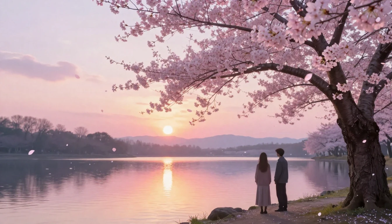 A dreamy and ethereal scene of two silhouettes standing unde...