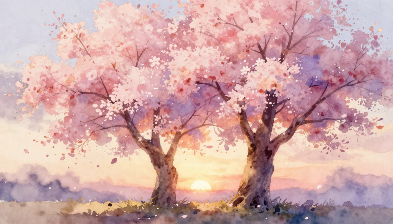 A beautiful watercolor painting of two intertwined cherry bl...
