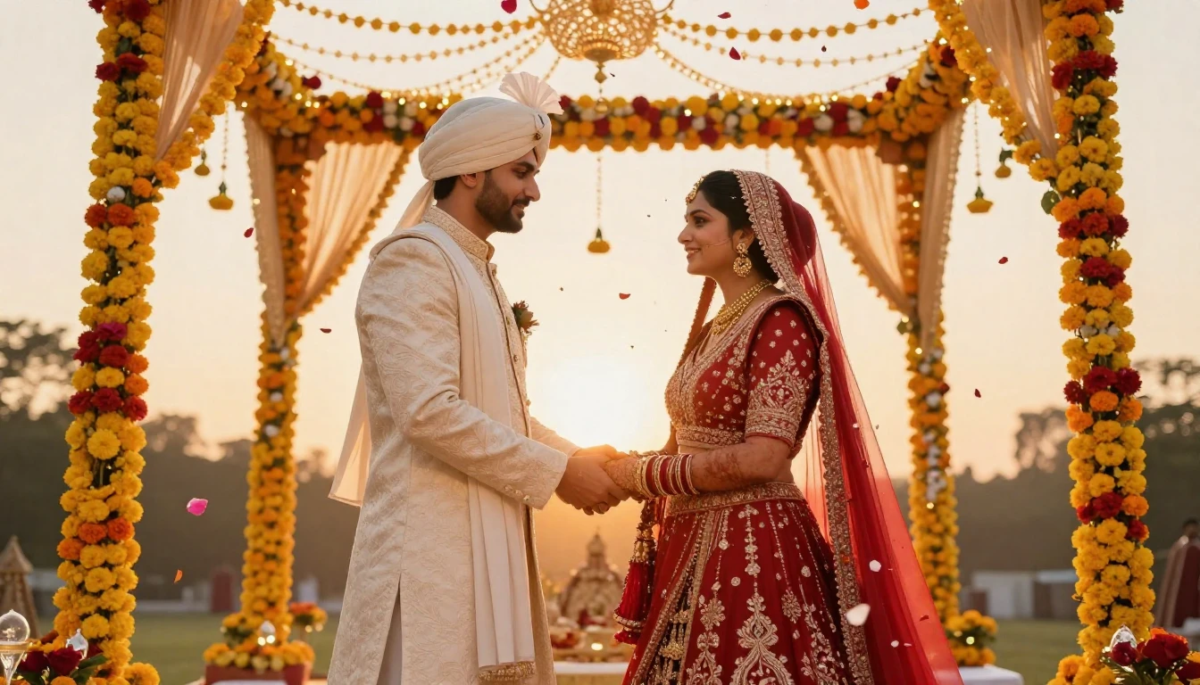 A vibrant digital artwork depicting a newlywed Indian couple...